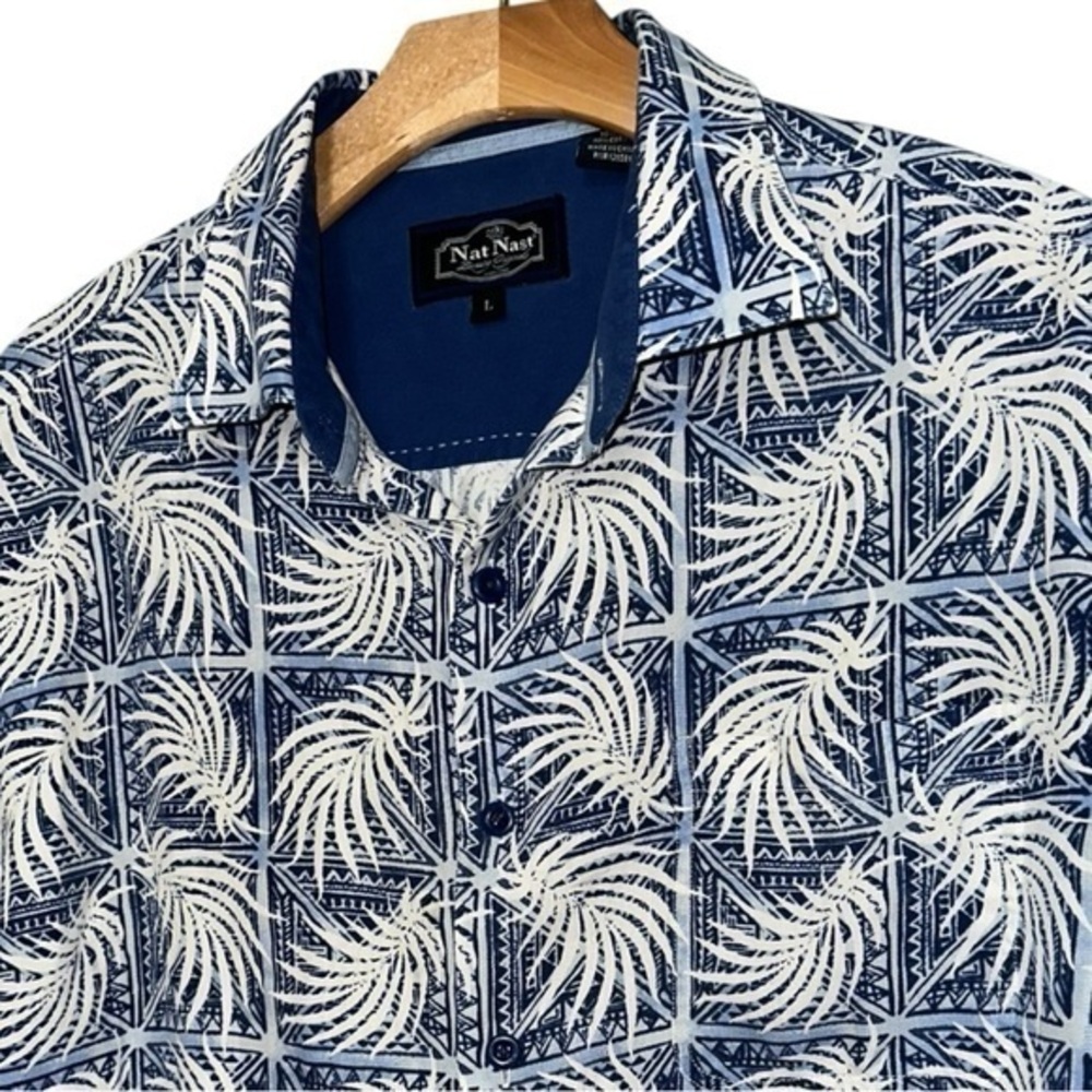 Nat Nast Men’s L Blue White Leaf Luau Hawaiian Print Silk Cotton Button Up Shirt